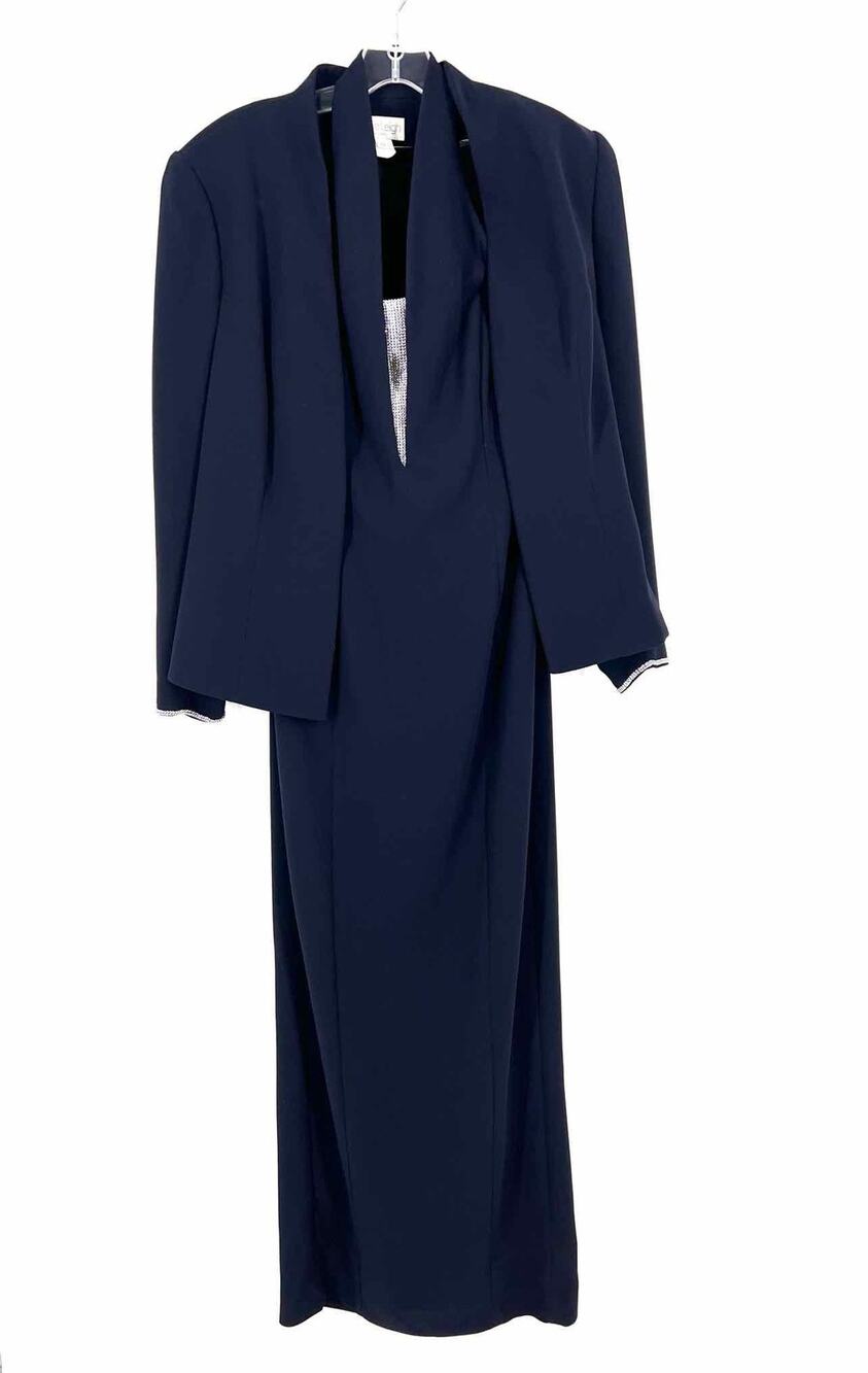 Junnie Leigh Size 10 Navy/Silver Halter Embellished Formal Wear Jacket Dress